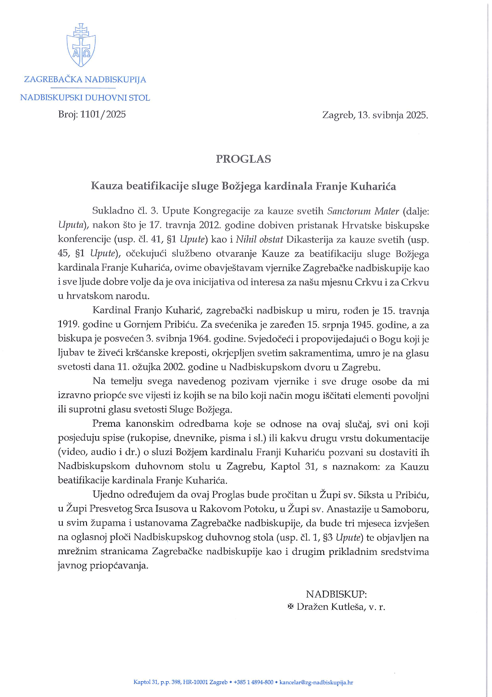 Proglas nadbiskupa Kutleše o Kauzi beatifikacije sluge Božjega kardinala Franje Kuharića 