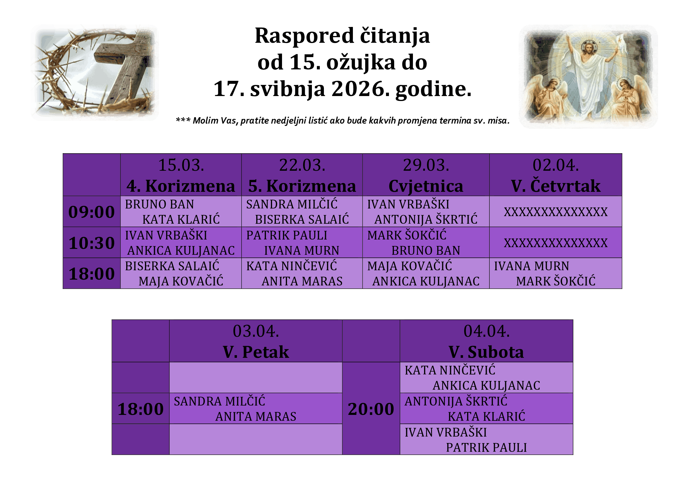 Raspored čitanja na nedjeljnim svetim misama