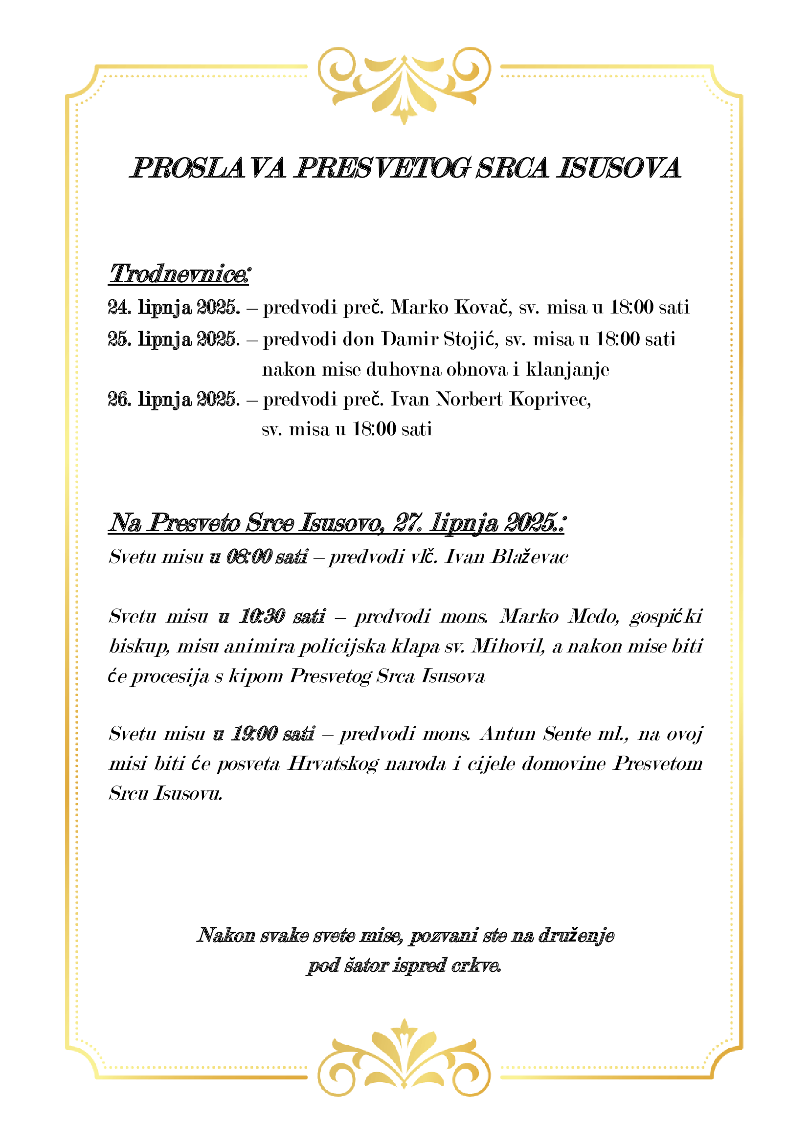 Trodnevnica i mise za Presveto Srce Isusovo